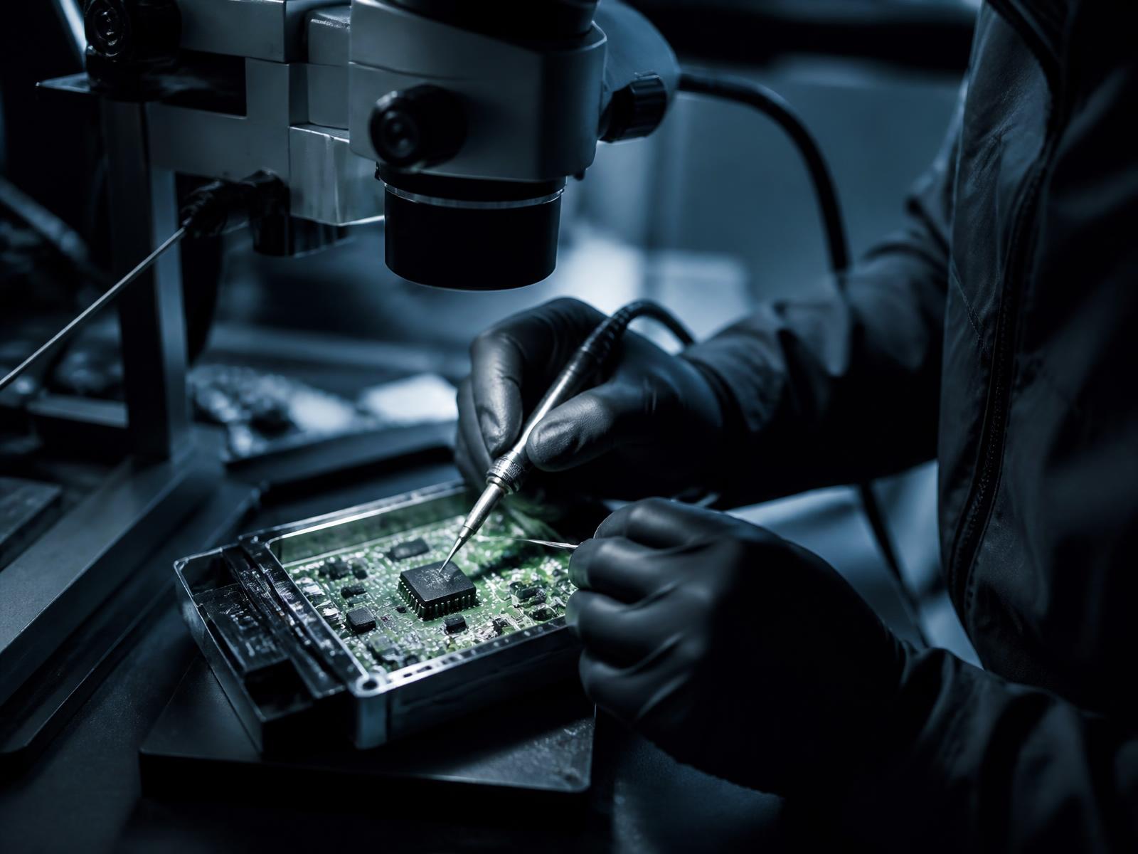 Técnico a soldar uma placa de centralina sob microscópio