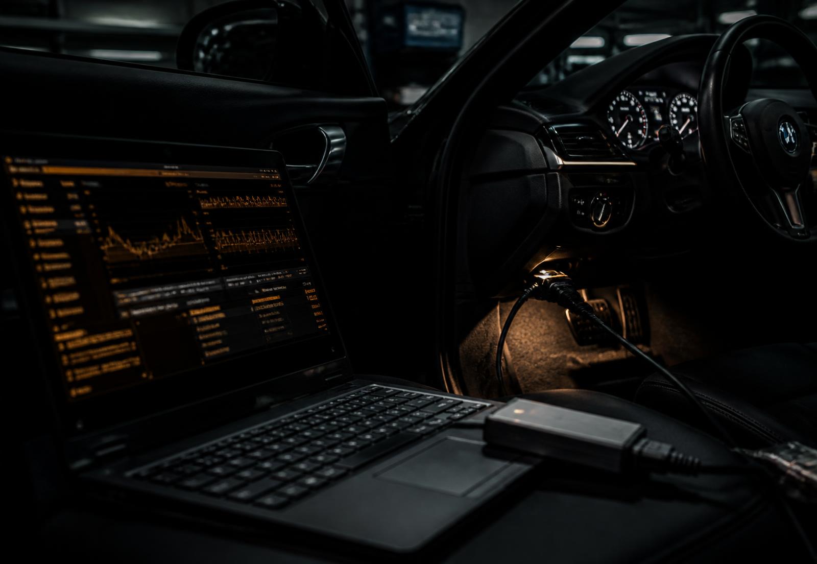 Portátil de diagnóstico ligado à porta OBD de uma viatura europeia, com dados em ecrã